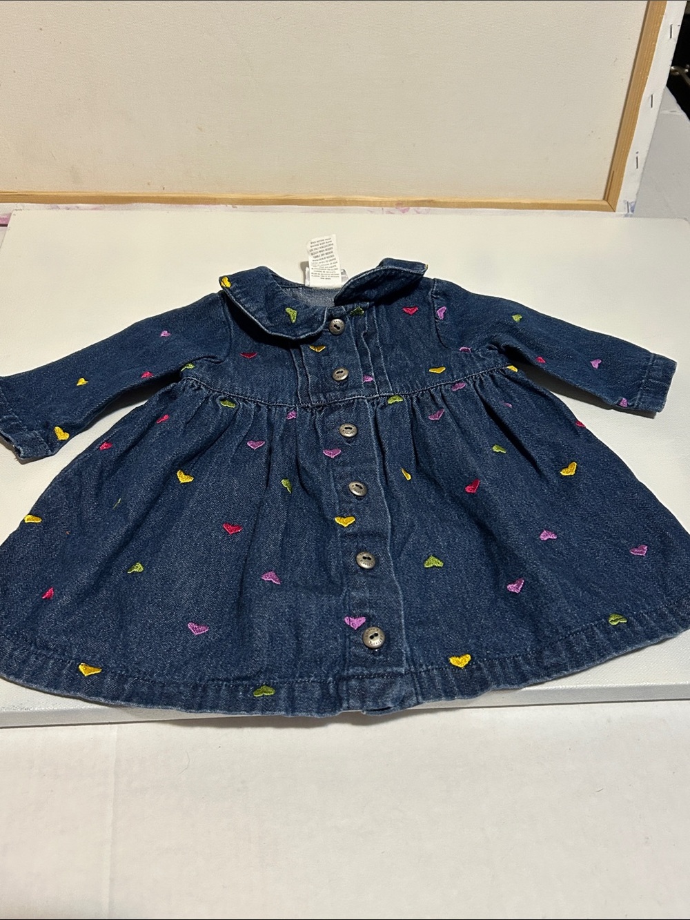 Vintage Carter's Dark Denim Dress with Colorful Heart Embroidery